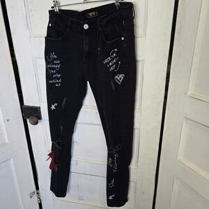 KLEEP Black Distressed Graphic Patch Jeans Men W32 Slim Fit Streetwear